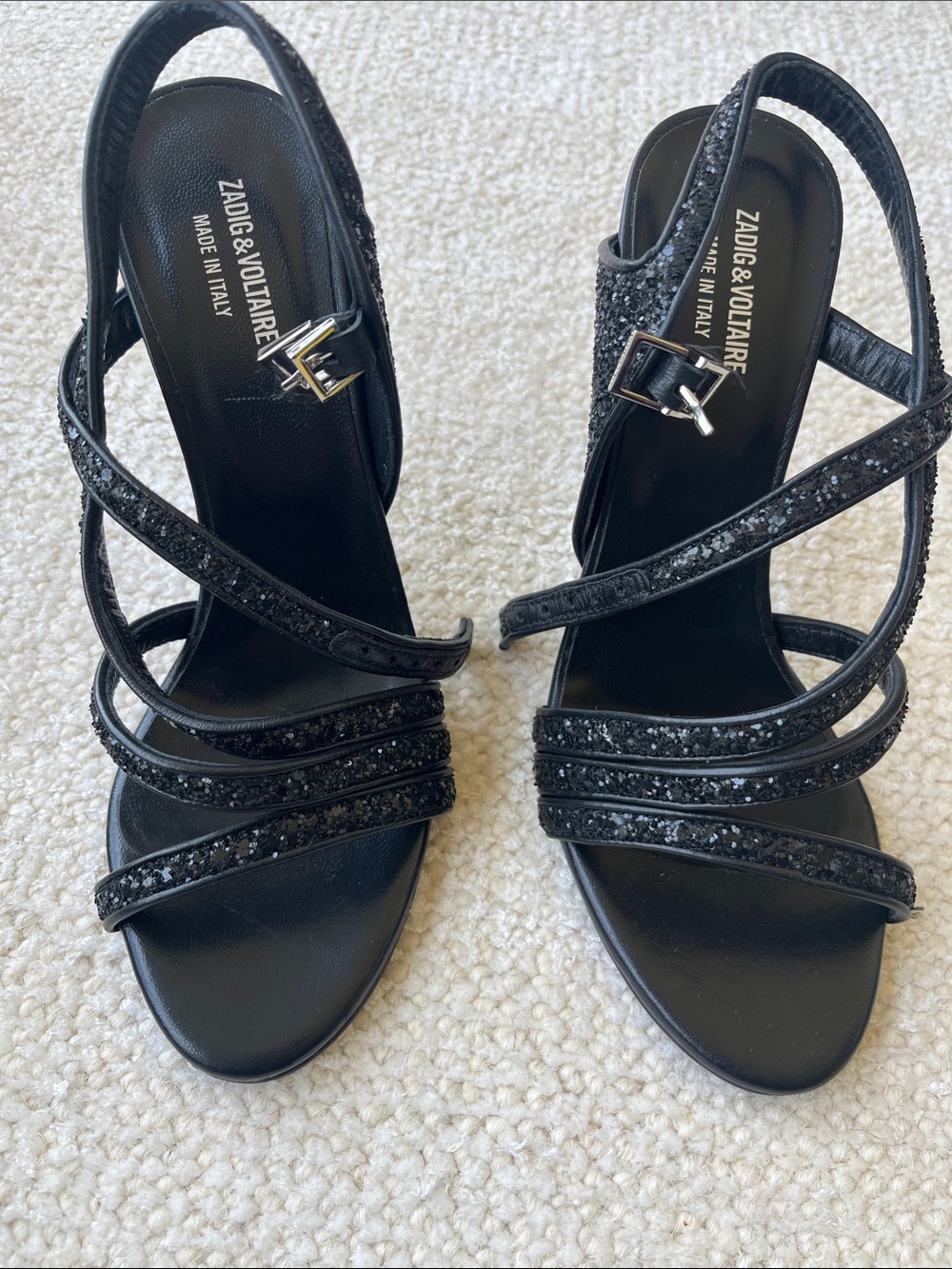 Zadig & Voltaire Black Glitter Multi-Strap Slingback Heels